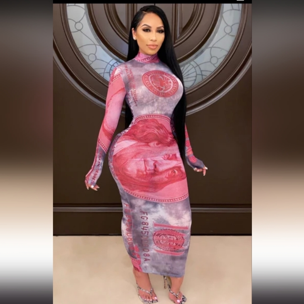 Long Pink Graphic BodyconMoney Print Dress ✨🩷